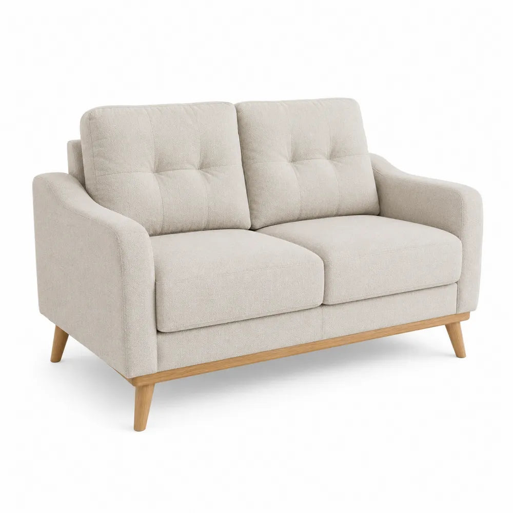 Sofá de 2 plazas beige con estructura de madera y tapizado en poliéster