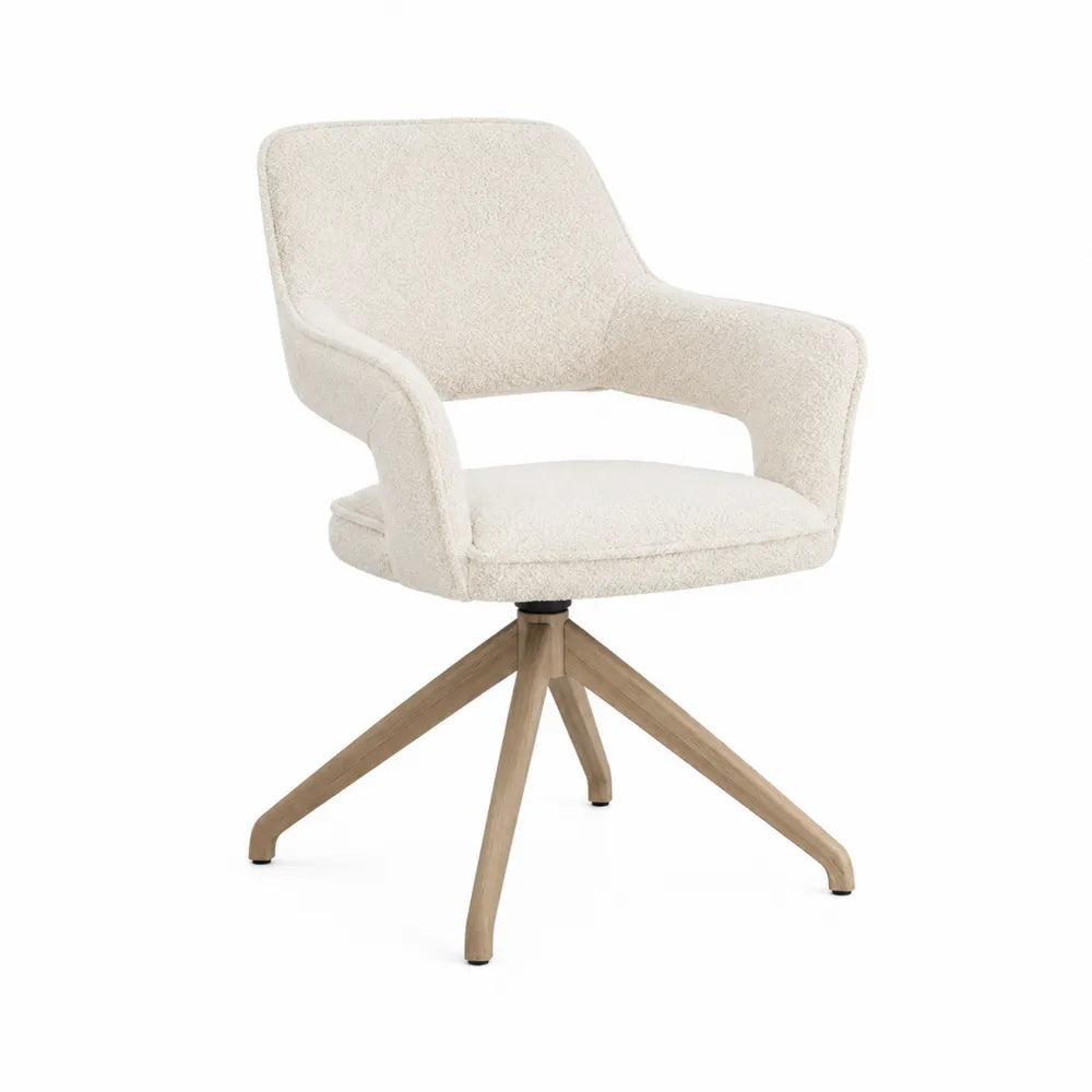 Silla giratoria de tejido bouclé crema con base de madera, 90 cm