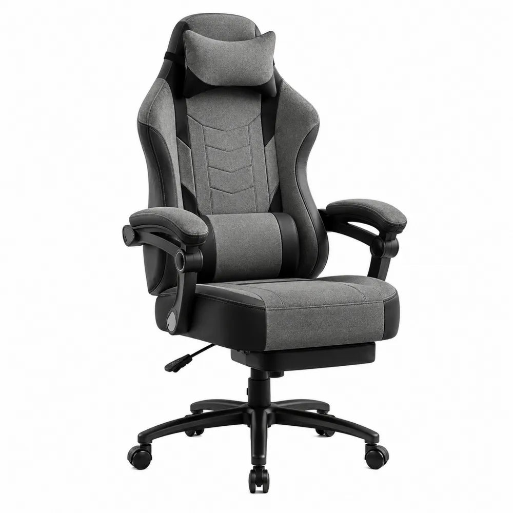 Silla de oficina ergonómica gris oscuro con reposacabezas y cojín lumbar