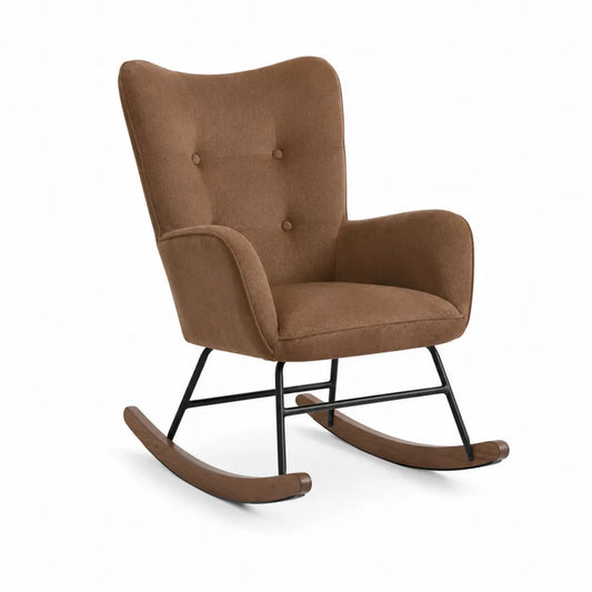 Silla mecedora de poliéster café con estructura de metal y madera