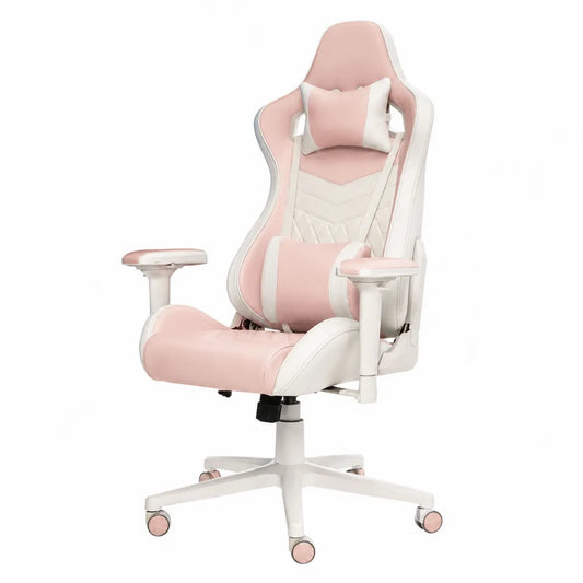 Silla ergonómica de piel sintética rosa y blanca con cojines ajustables