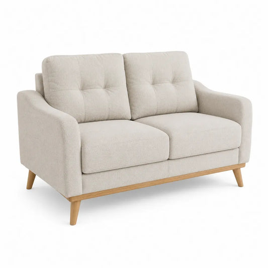 Sofá de 2 plazas beige con estructura de madera y tapizado en poliéster