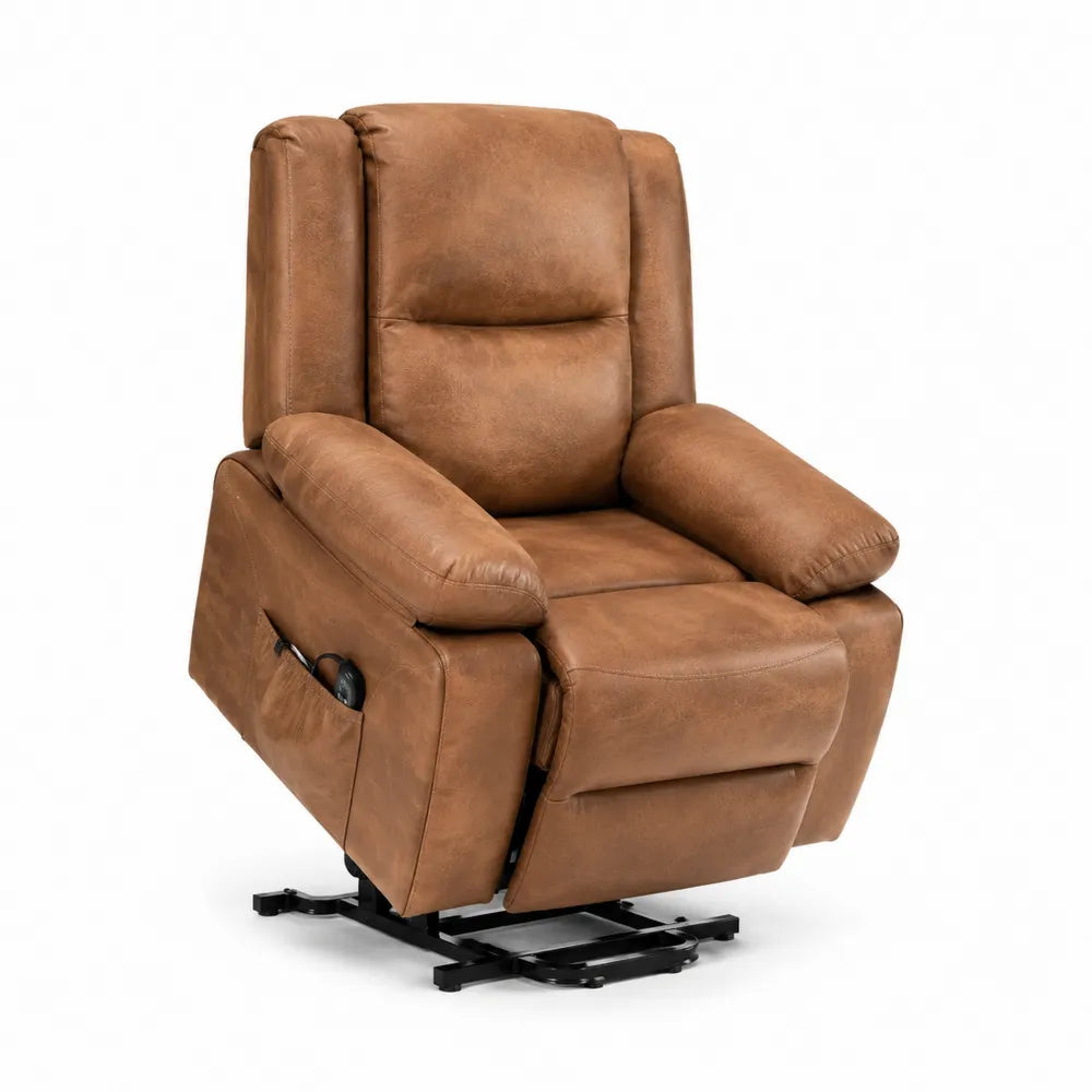 Sillón reclinable elevador de cuero sintético marrón con estructura de metal