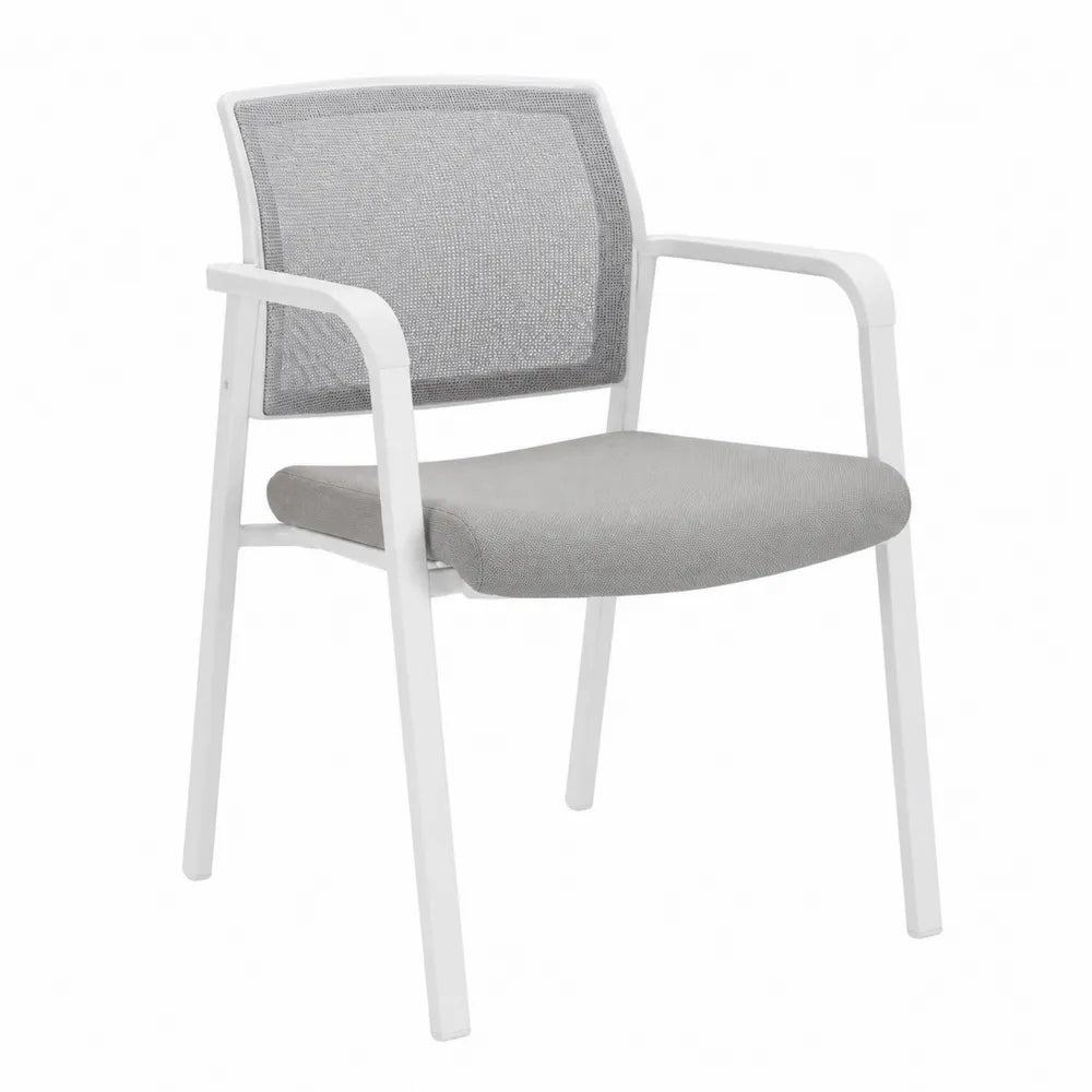 Silla de metal y malla con reposabrazos, gris y blanca, 87cm x 54cm x 55cm