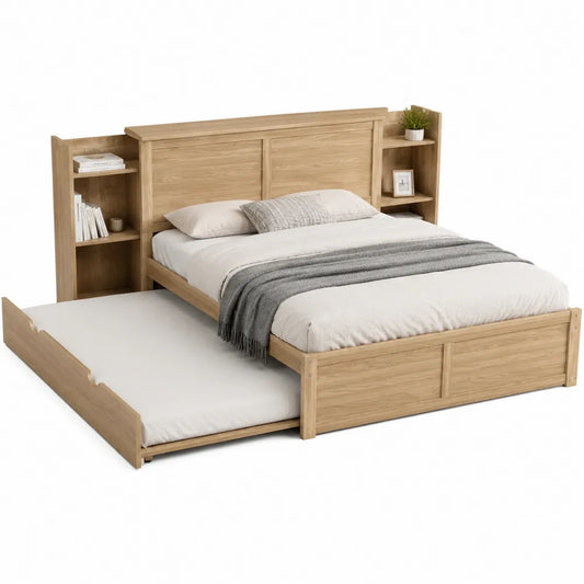 Cama de madera con estantería integrada y cama nido, color roble, dimensiones 200x160 cm