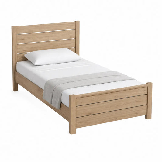 Cama individual de madera de roble claro con colchón y almohada 200x90 cm
