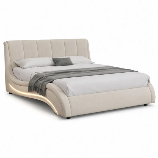 Cama doble de madera con luces LED, beige