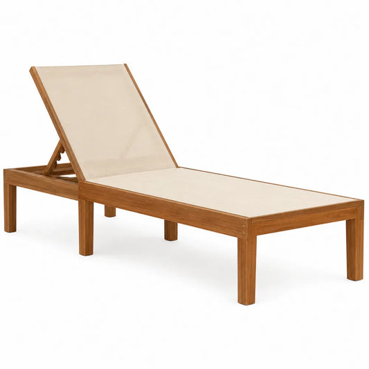 Tumbona de madera de teca con tejido de poliéster beige ajustable