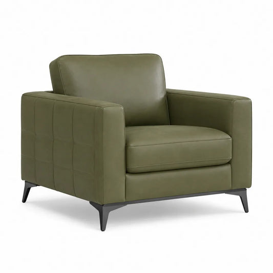 Sillón de cuero verde con estructura de acero y patas metálicas