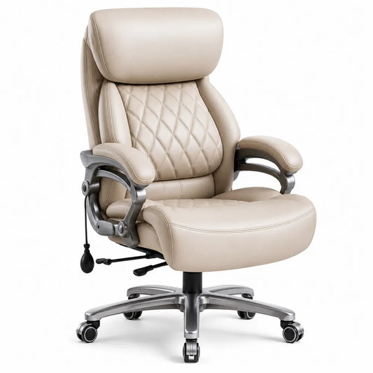Silla de Oficina Ergonómica de Cuero Sintético Beige con Base de Aleación de Aluminio
