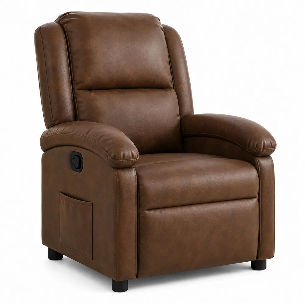 Sillón reclinable de cuero sintético marrón con estructura de madera y metal
