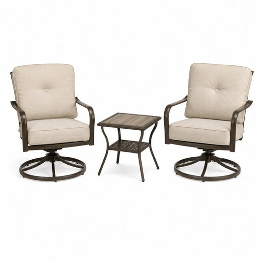 Juego de sillas de metal giratorias y mesa con cojines beige