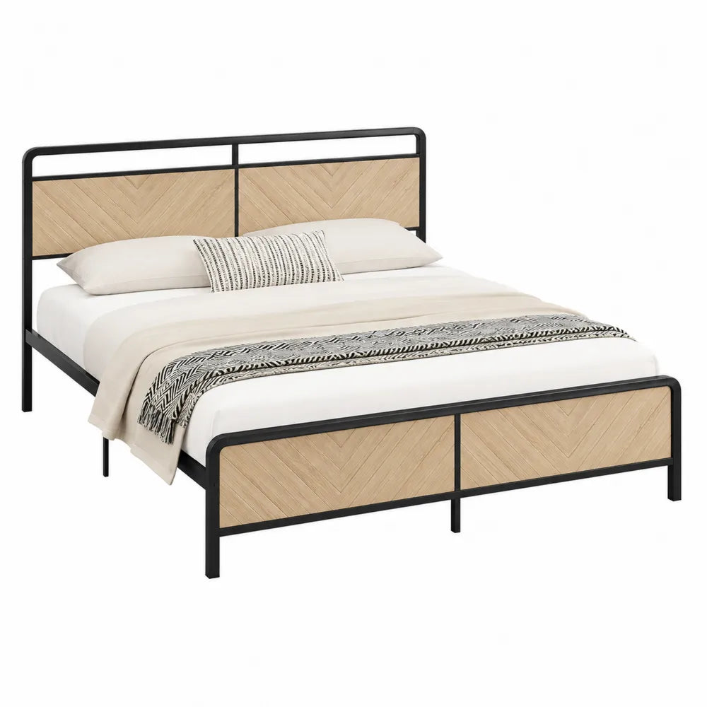 Cama doble de metal negro y madera contrachapada